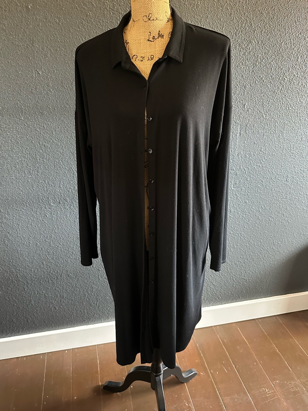 Eileen Fisher Black Long Button Front Shirt Dress Tunic L